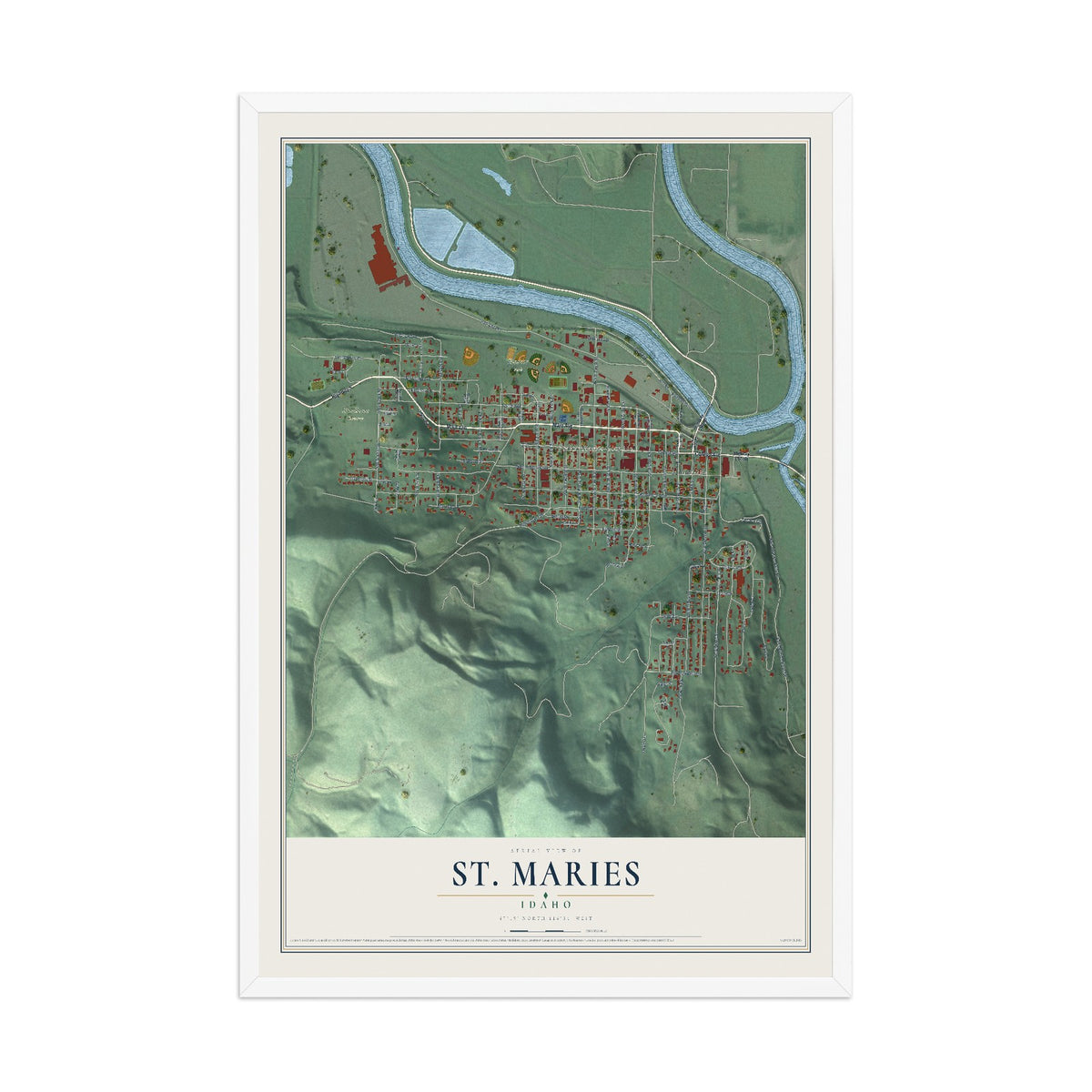 Map of St. Maries, Idaho, 12 x 18 inch print in a white wood frame