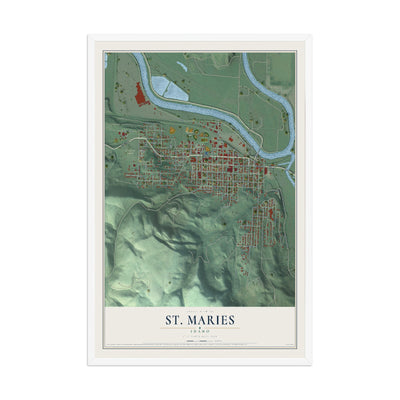 Map of St. Maries, Idaho, 12 x 18 inch print in a white wood frame
