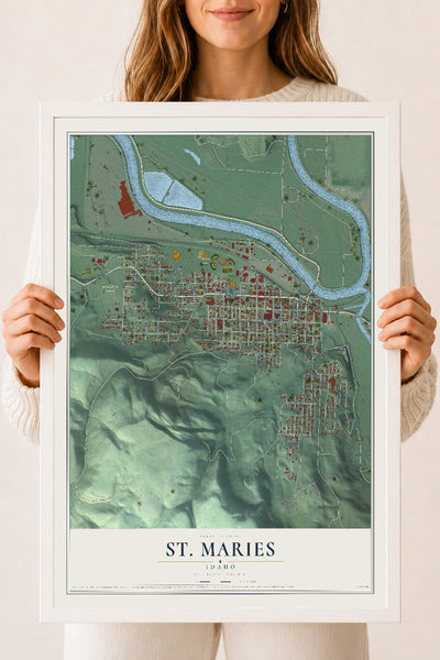 Map of St. Maries, Idaho, 18 x 24 inch print in a white wood frame