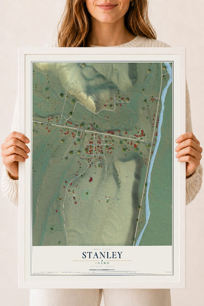 Map of Stanley, Idaho, 18 x 24 inch print in a white wood frame