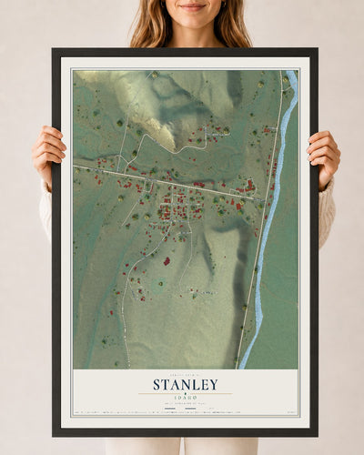 Map of Stanley, Idaho, 24 x 36 inch print in a black wood frame
