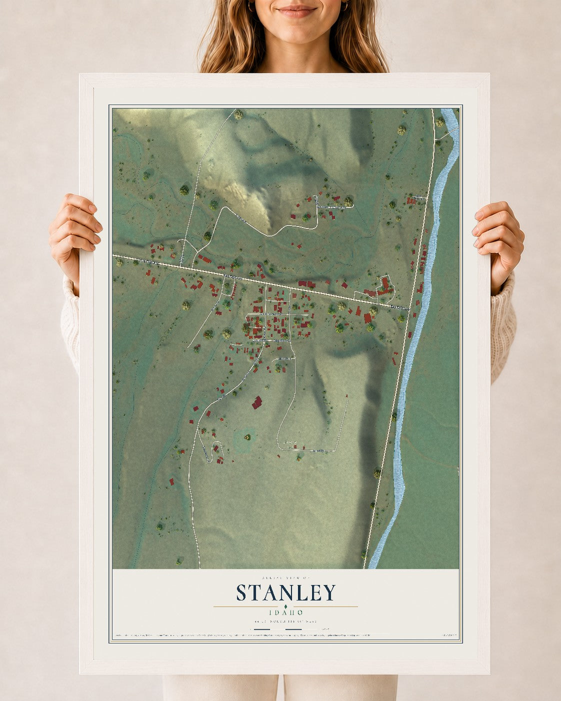 Map of Stanley, Idaho, 24 x 36 inch print in a white wood frame