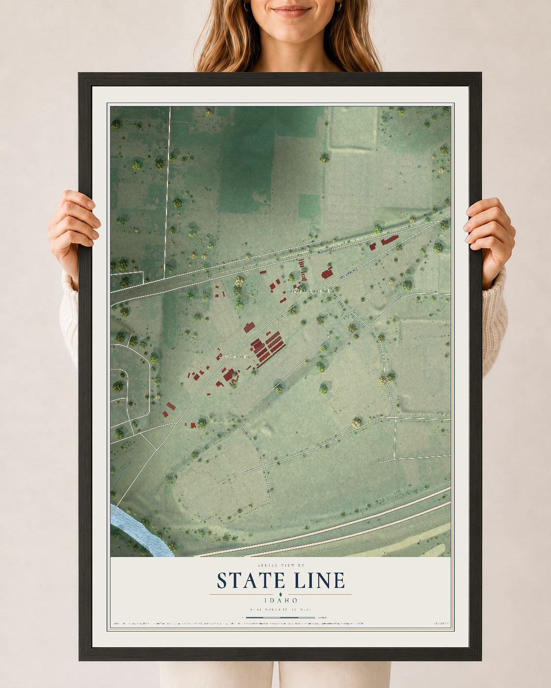 Map of State Line, Idaho, 24 x 36 inch print in a black wood frame