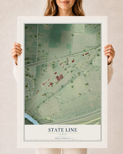 Map of State Line, Idaho, 24 x 36 inch print in a white wood frame