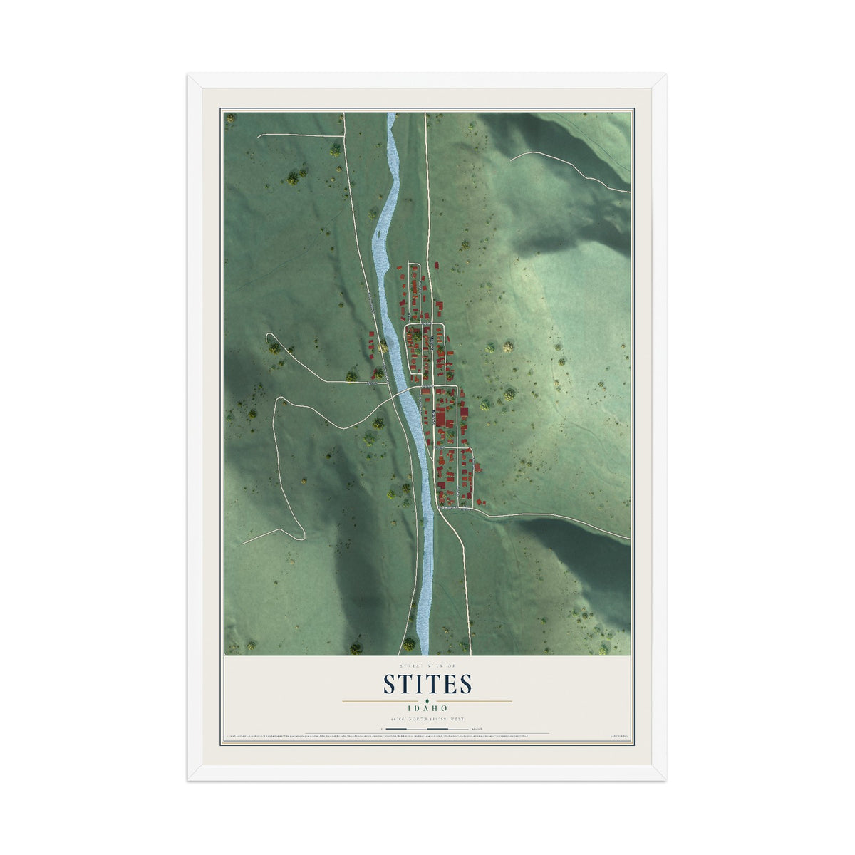 Map of Stites, Idaho, 12 x 18 inch print in a white wood frame