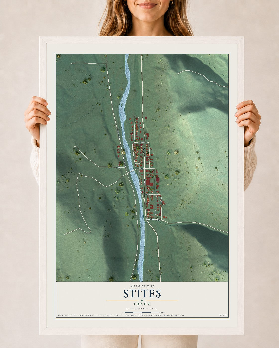 Map of Stites, Idaho, 24 x 36 inch print in a white wood frame