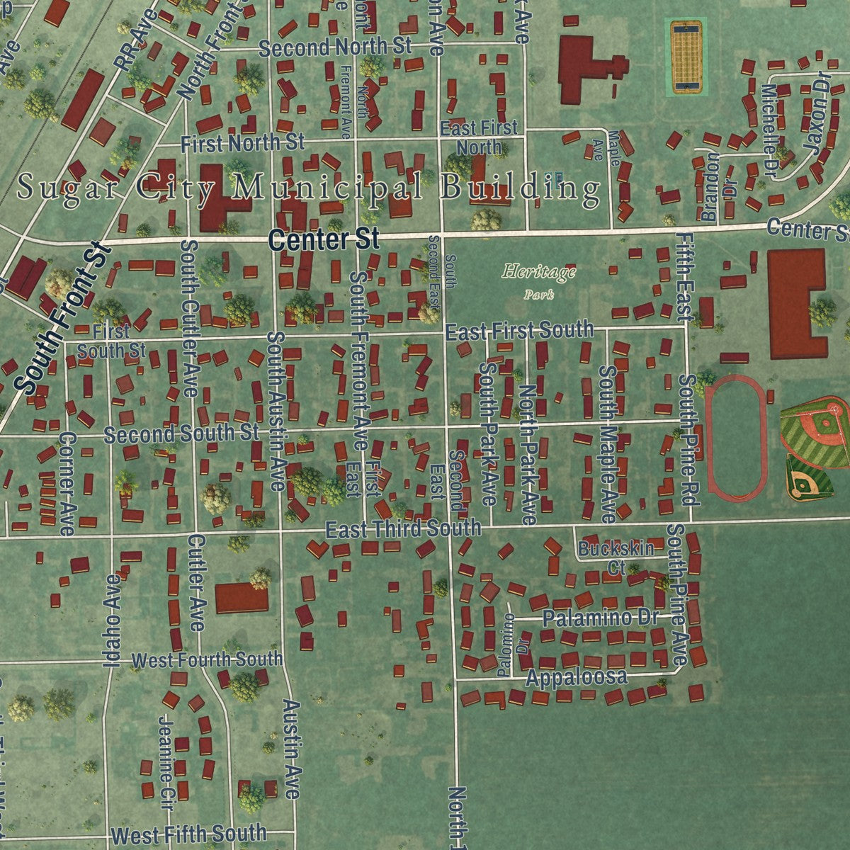 Close-up of the map of Sugar City, Idaho print showing street and building detail