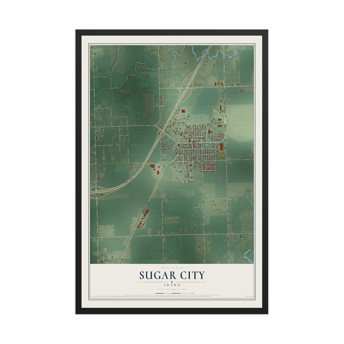 Map of Sugar City, Idaho, 12 x 18 inch print in a black wood frame