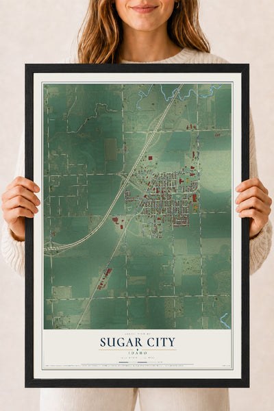 Map of Sugar City, Idaho, 18 x 24 inch print in a black wood frame