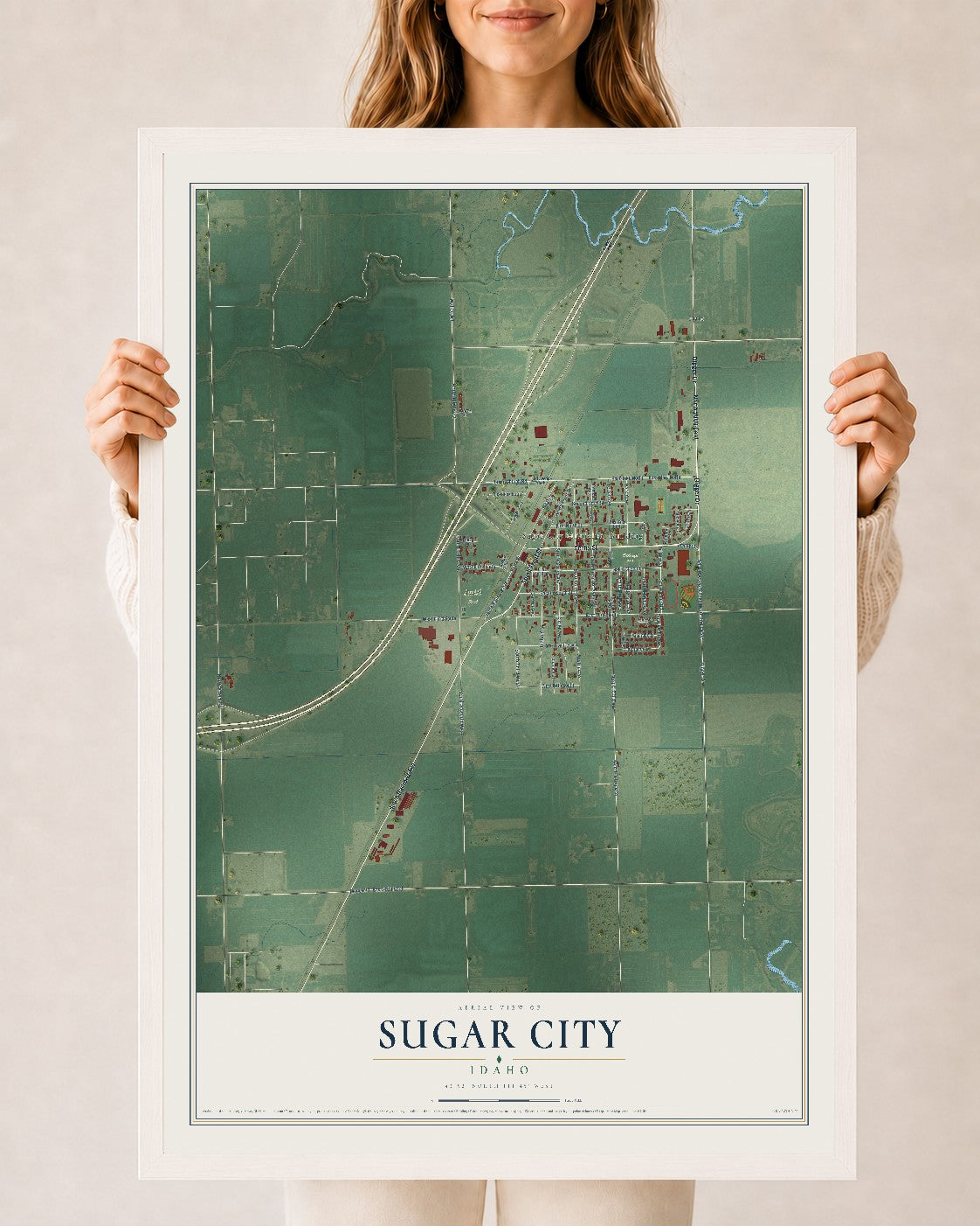 Map of Sugar City, Idaho, 24 x 36 inch print in a white wood frame
