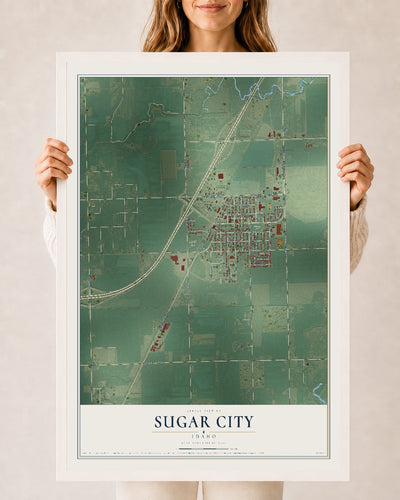 Map of Sugar City, Idaho, 24 x 36 inch print in a white wood frame