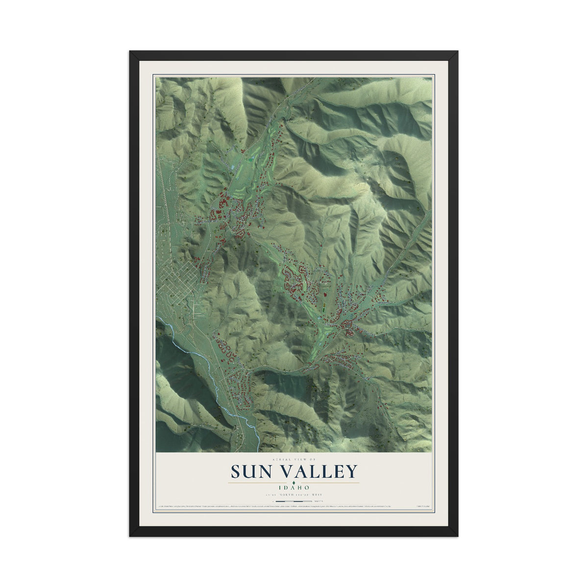 Map of Sun Valley, Idaho, 12 x 18 inch print in a black wood frame
