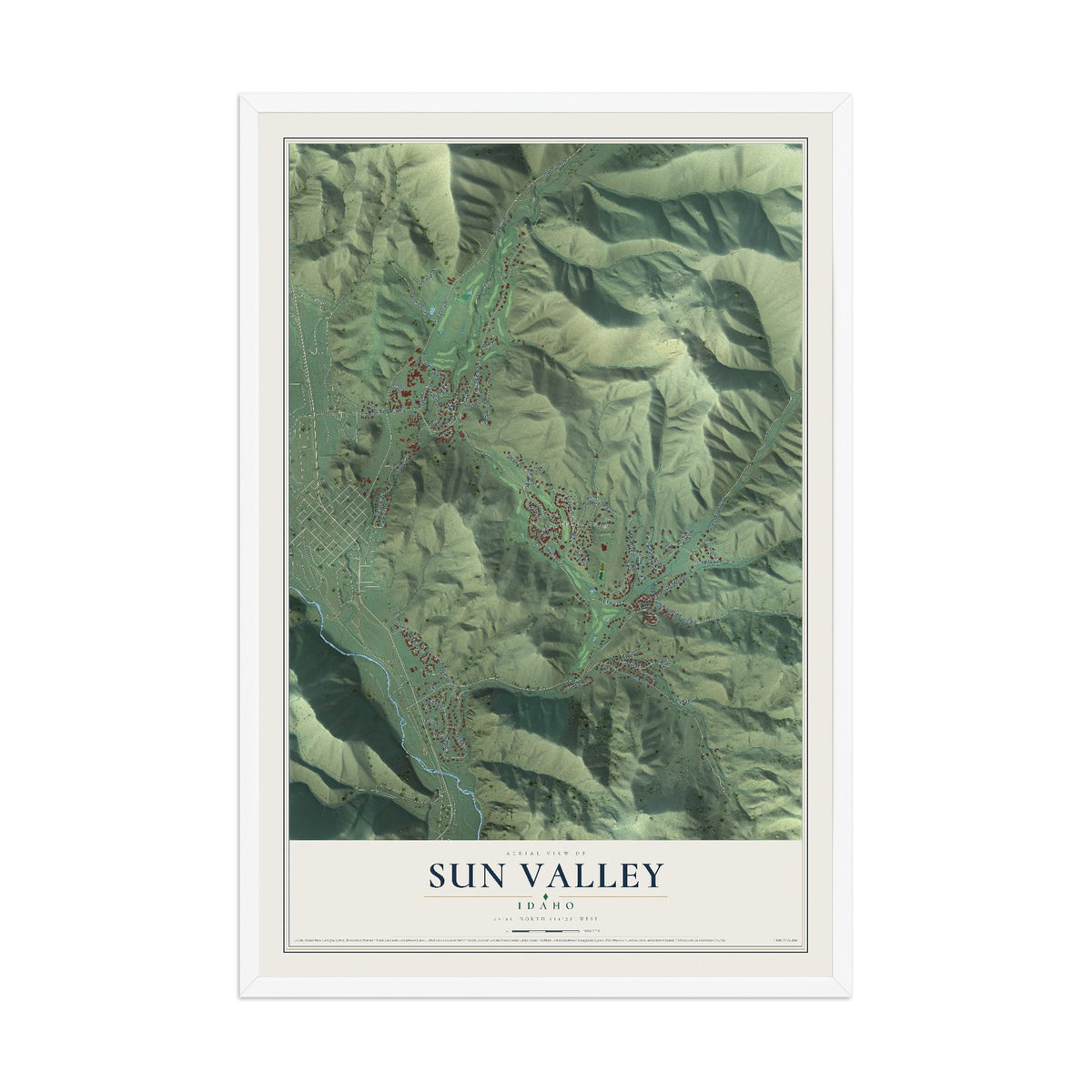 Map of Sun Valley, Idaho, 12 x 18 inch print in a white wood frame