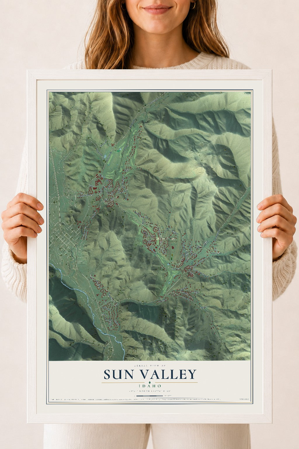 Map of Sun Valley, Idaho, 18 x 24 inch print in a white wood frame