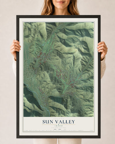 Map of Sun Valley, Idaho, 24 x 36 inch print in a black wood frame