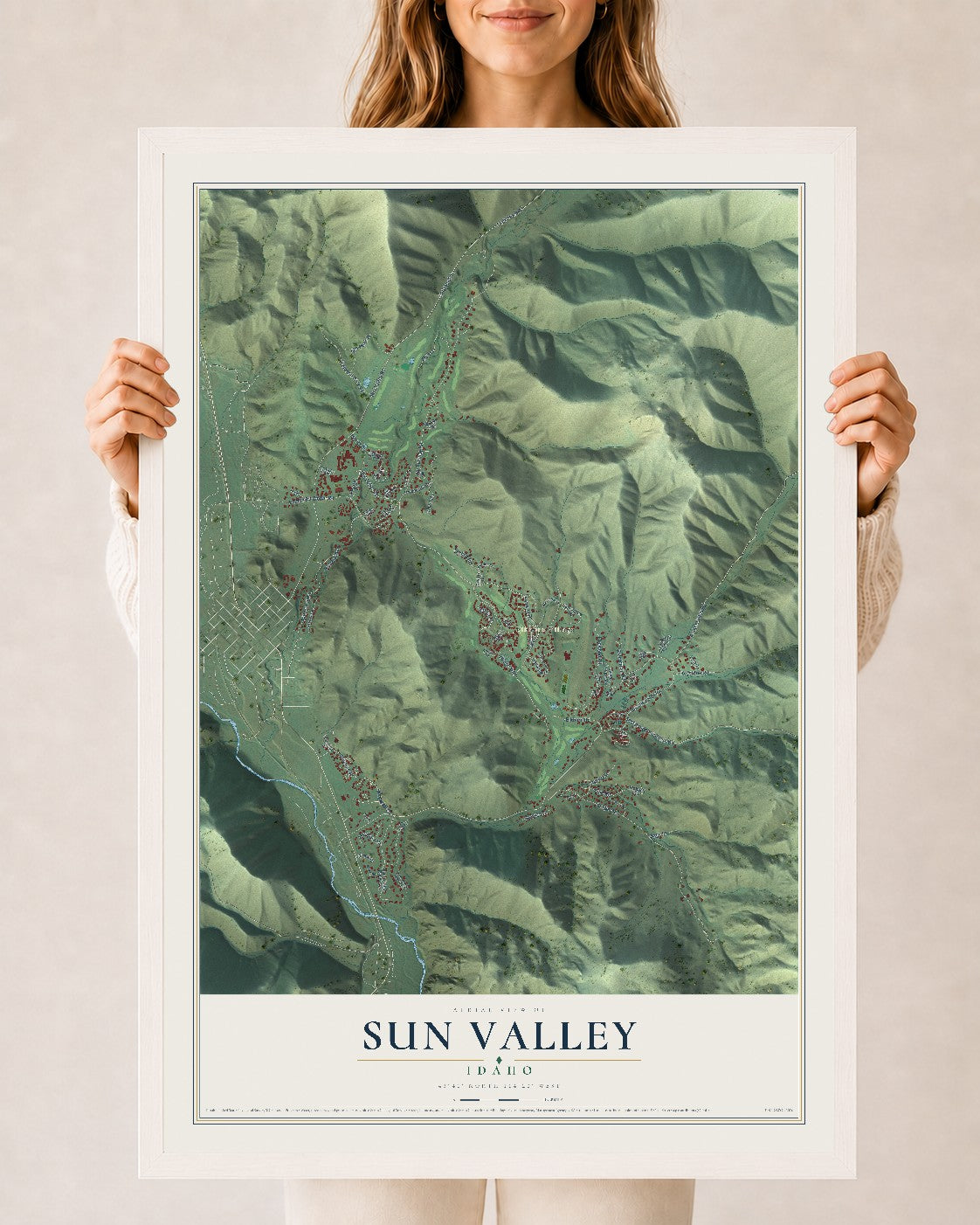 Map of Sun Valley, Idaho, 24 x 36 inch print in a white wood frame