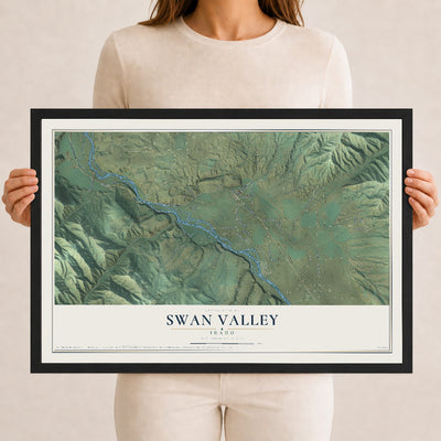 Map of Swan Valley, Idaho, 12 x 18 inch print in a black wood frame