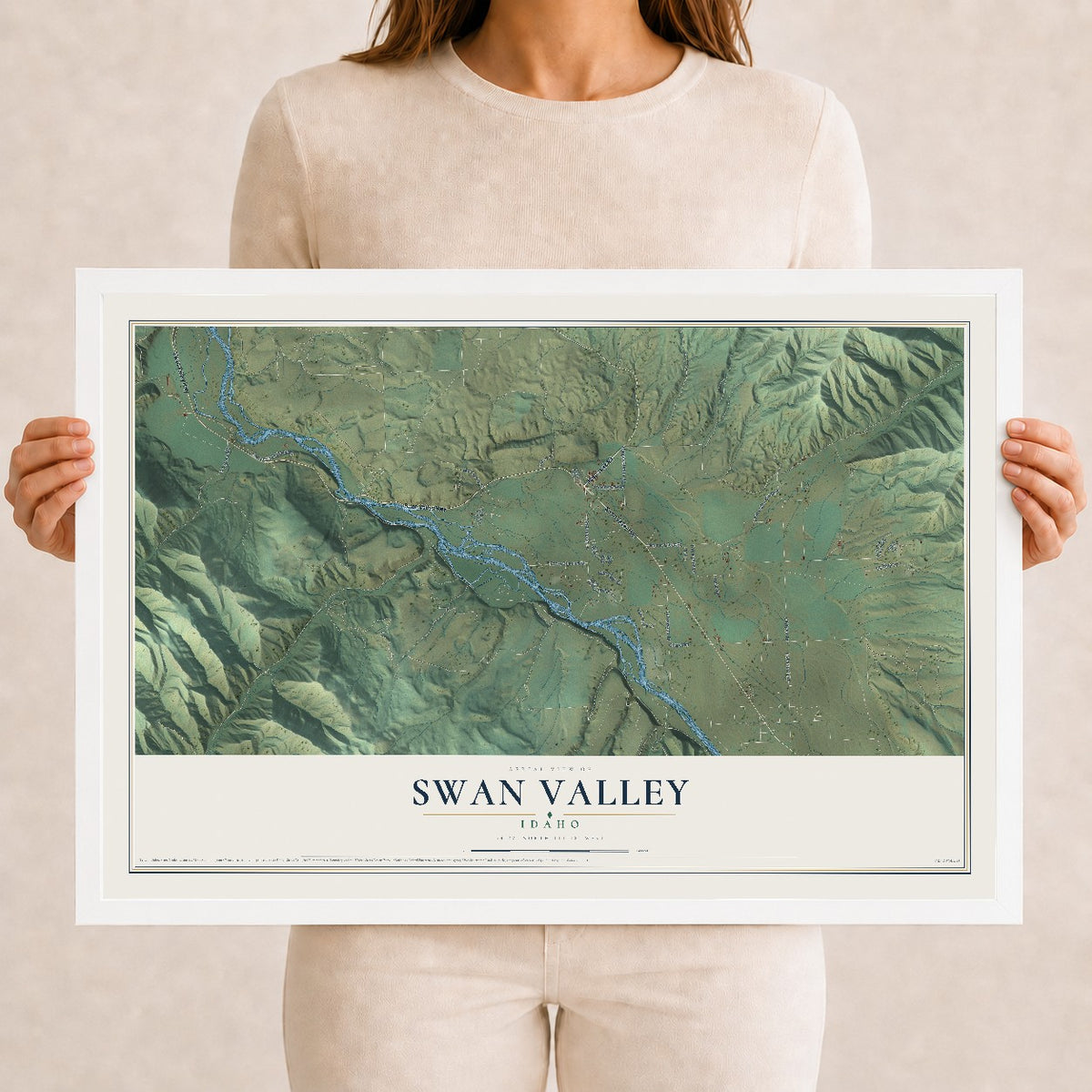 Map of Swan Valley, Idaho, 12 x 18 inch print in a white wood frame