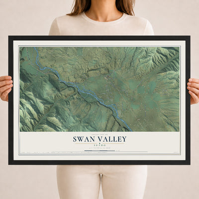 Map of Swan Valley, Idaho, 18 x 24 inch print in a black wood frame