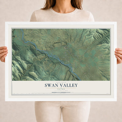 Map of Swan Valley, Idaho, 18 x 24 inch print in a white wood frame