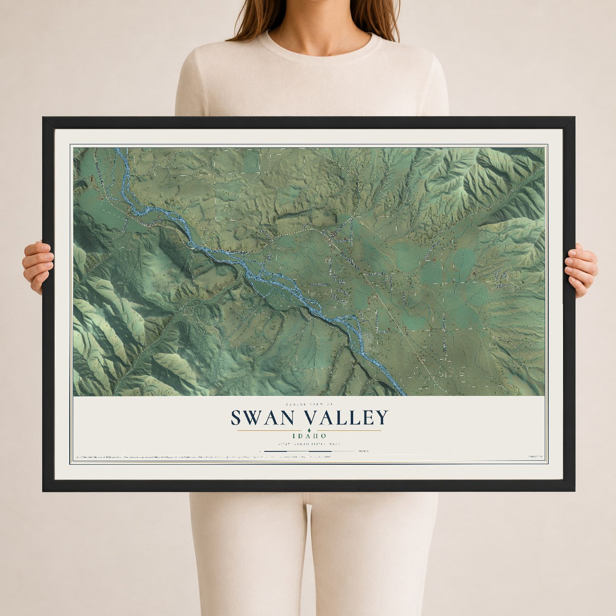 Map of Swan Valley, Idaho, 24 x 36 inch print in a black wood frame