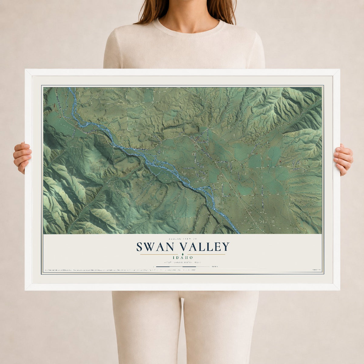 Map of Swan Valley, Idaho, 24 x 36 inch print in a white wood frame