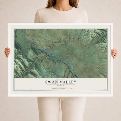 Map of Swan Valley, Idaho, 24 x 36 inch print in a white wood frame