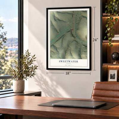 Sweetwater, Idaho map, 18 x 24 inch print in a black frame in a home office