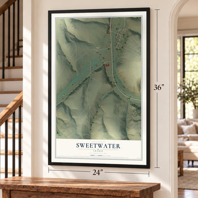 Sweetwater, Idaho map, 24 x 36 inch print in a black frame by a staircase
