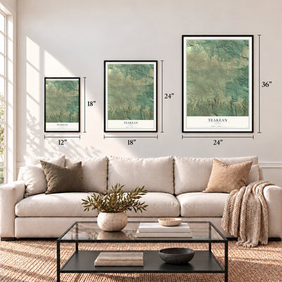 Teakean, Idaho map in 12 x 18, 18 x 24 and 24 x 36 inch sizes above a sofa