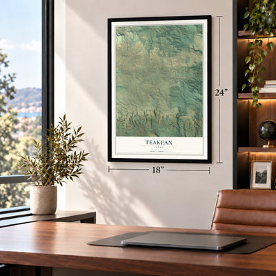 Teakean, Idaho map, 18 x 24 inch print in a black frame in a home office