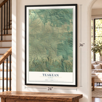 Teakean, Idaho map, 24 x 36 inch print in a black frame by a staircase