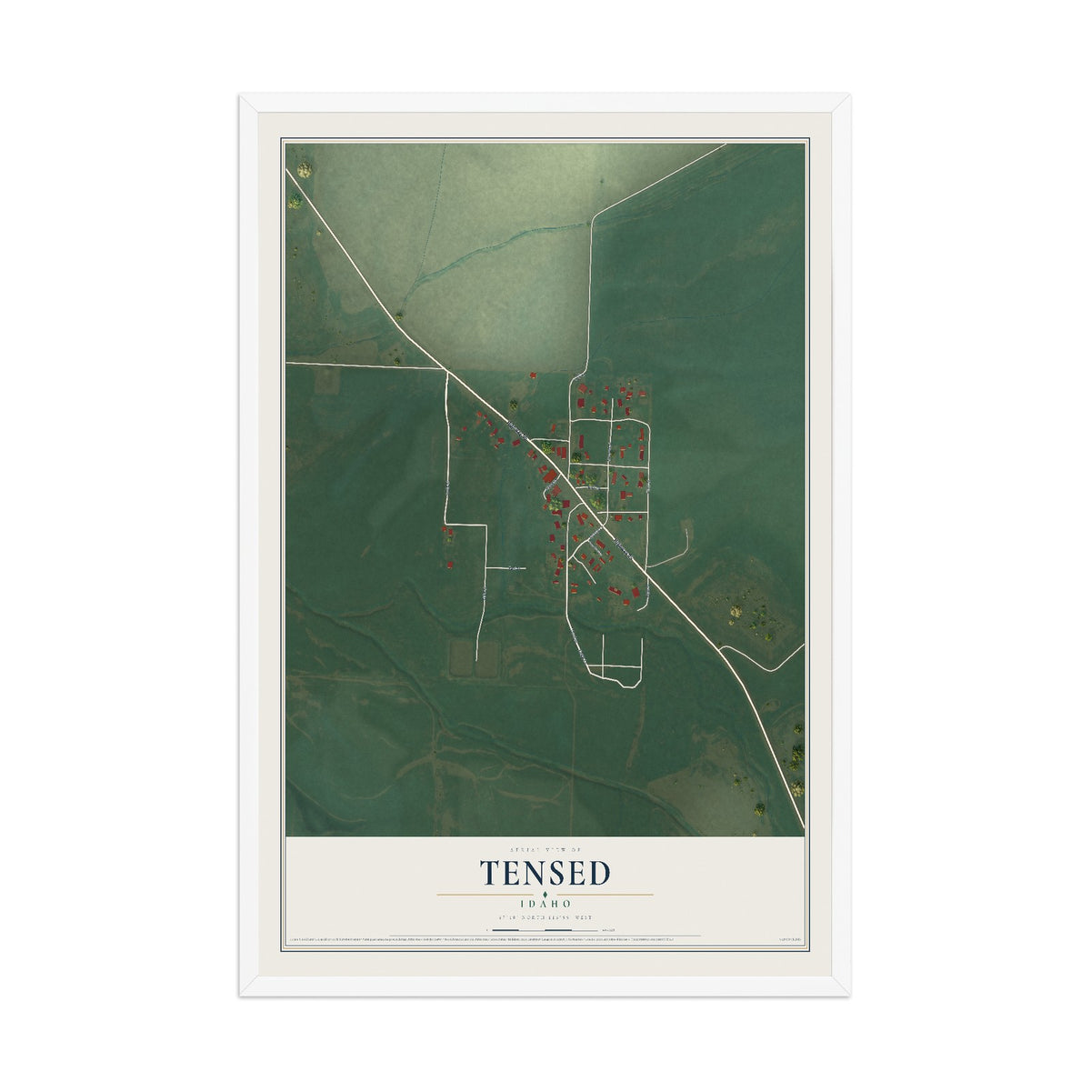 Map of Tensed, Idaho, 12 x 18 inch print in a white wood frame
