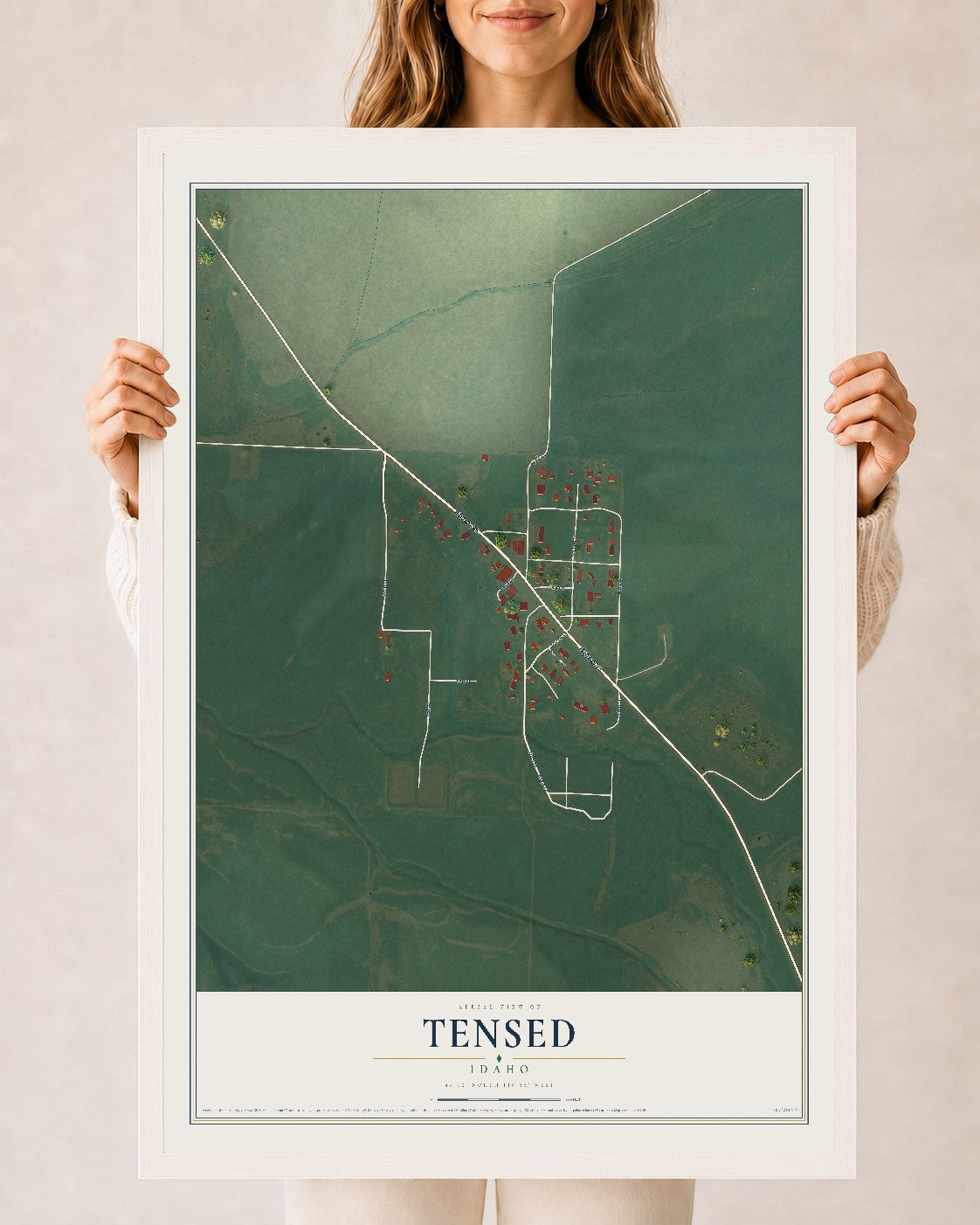 Map of Tensed, Idaho, 24 x 36 inch print in a white wood frame
