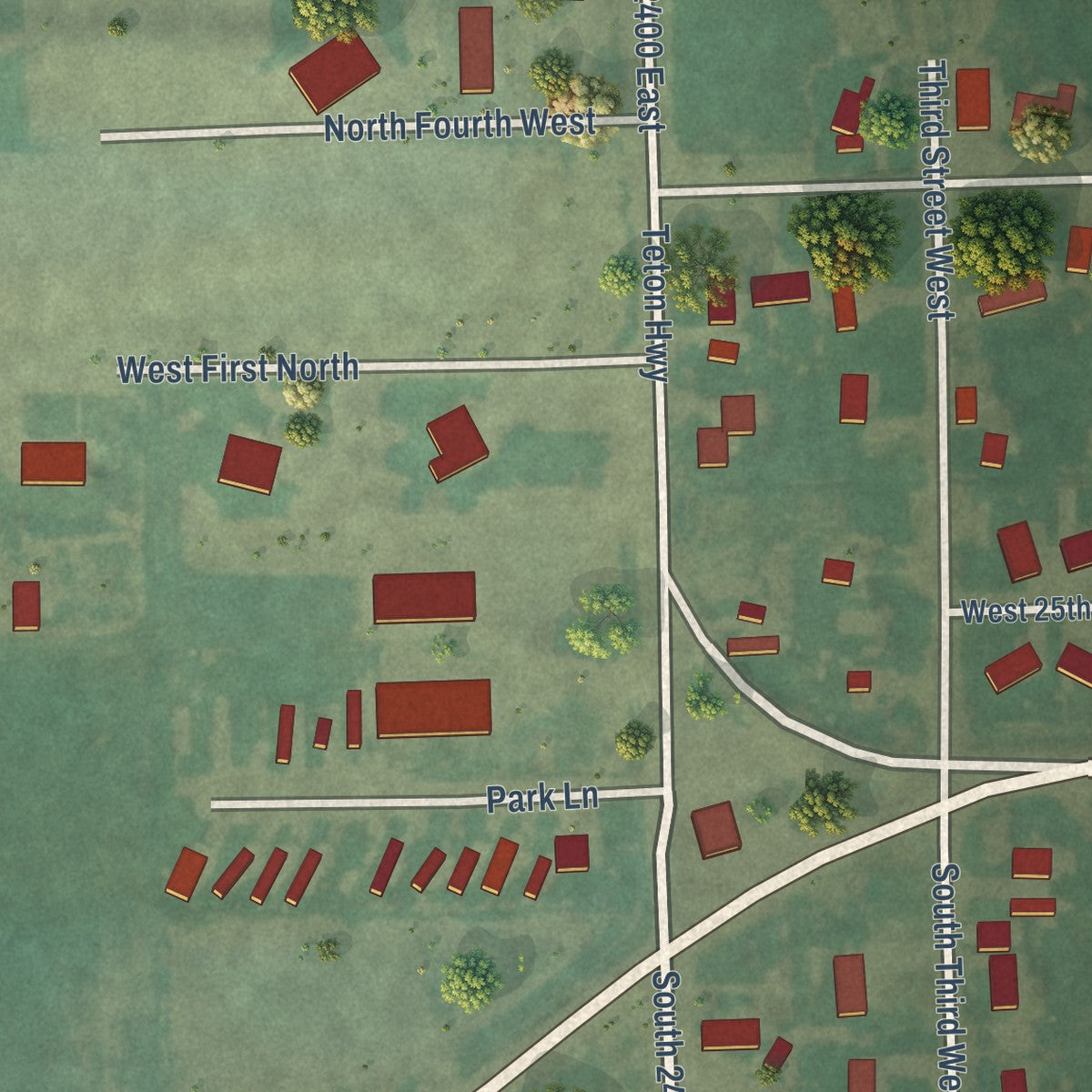 Second close-up of the map of Teton, Idaho print showing more streets and buildings