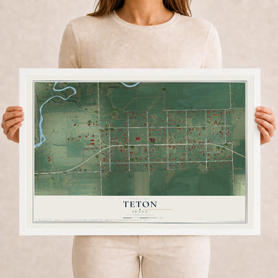 Map of Teton, Idaho, 12 x 18 inch print in a white wood frame