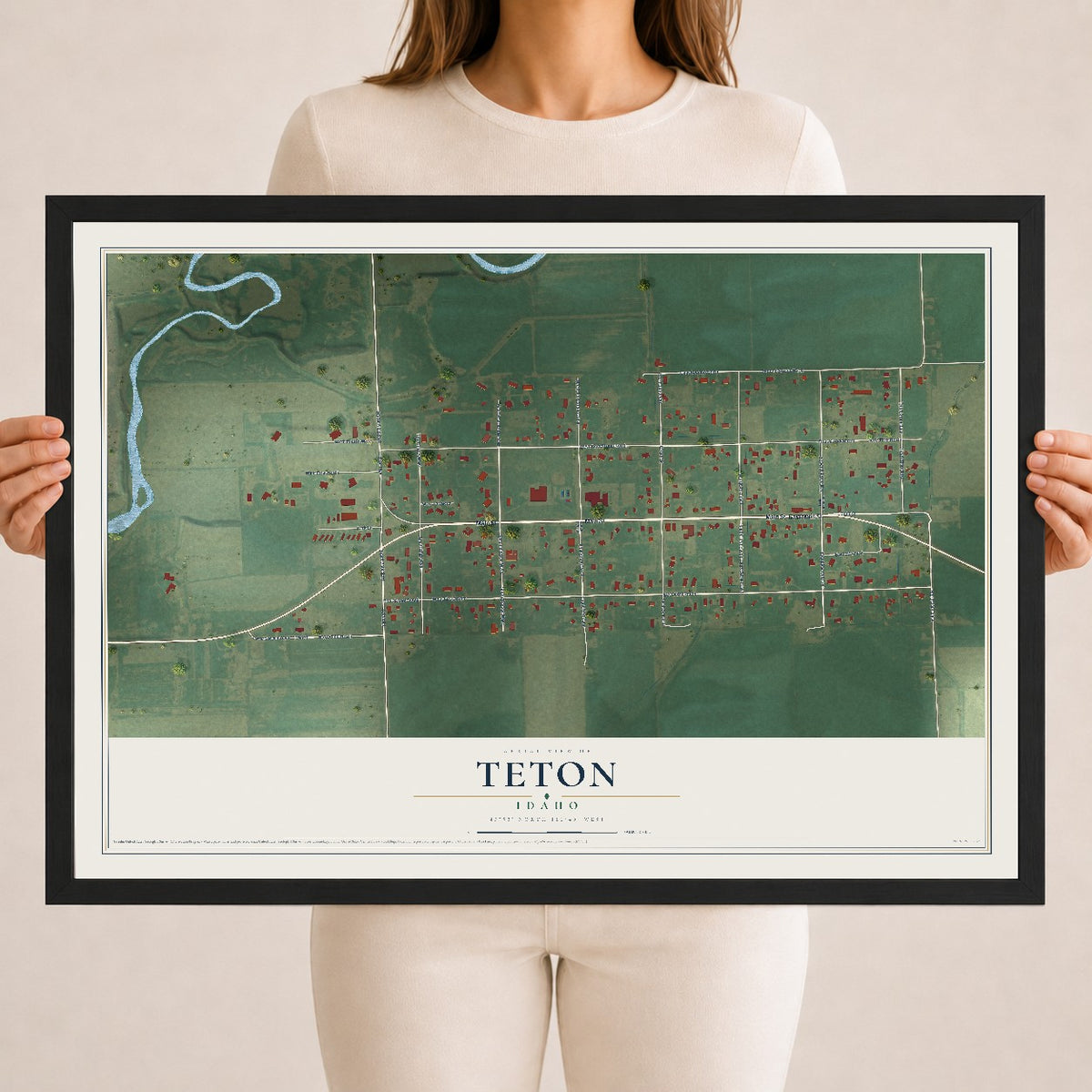Map of Teton, Idaho, 18 x 24 inch print in a black wood frame