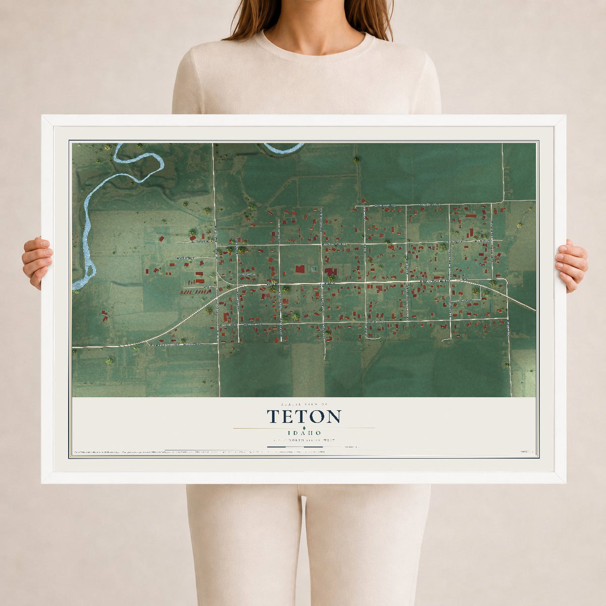 Map of Teton, Idaho, 24 x 36 inch print in a white wood frame