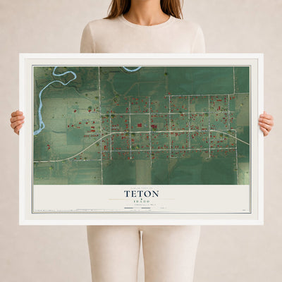 Map of Teton, Idaho, 24 x 36 inch print in a white wood frame
