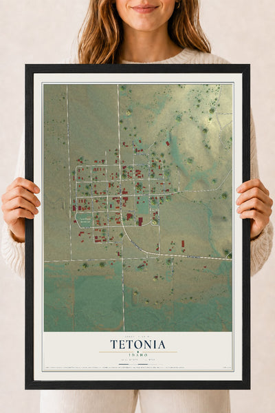 Map of Tetonia, Idaho, 18 x 24 inch print in a black wood frame