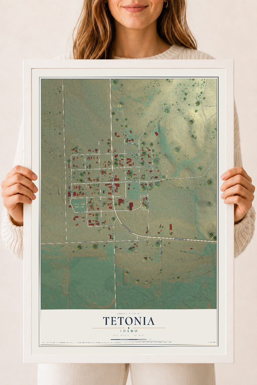 Map of Tetonia, Idaho, 18 x 24 inch print in a white wood frame