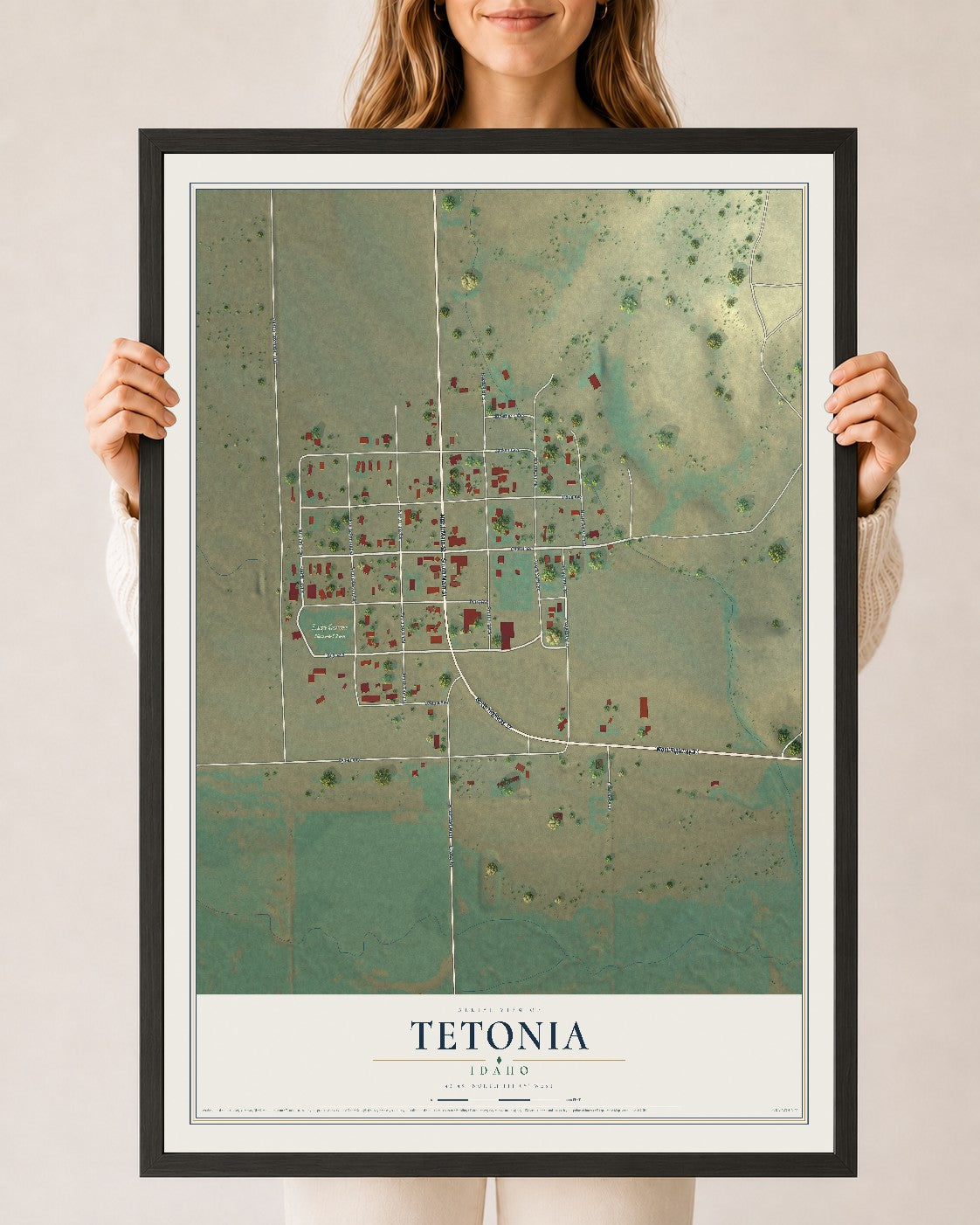 Map of Tetonia, Idaho, 24 x 36 inch print in a black wood frame