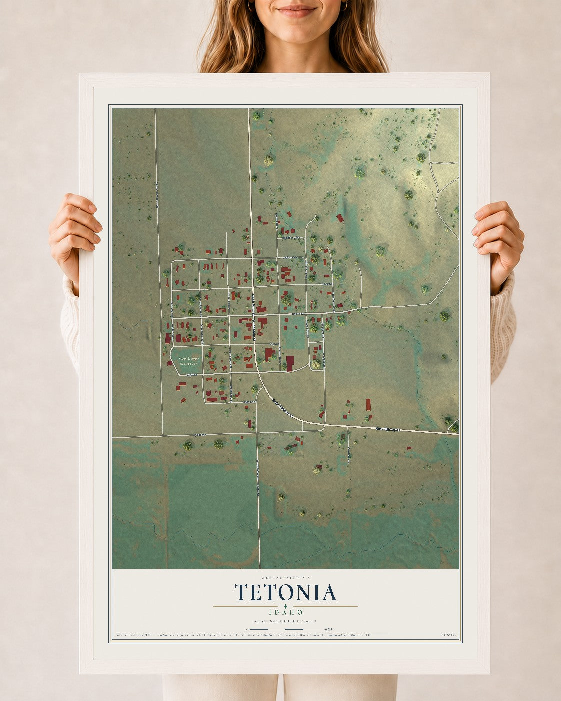 Map of Tetonia, Idaho, 24 x 36 inch print in a white wood frame
