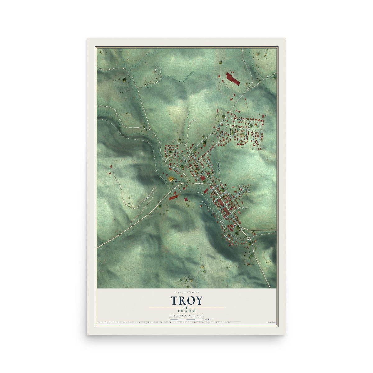 Map of Troy, Idaho, 12 x 18 inch unframed archival matte print