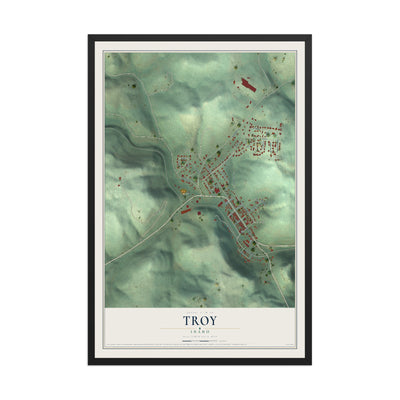 Map of Troy, Idaho, 12 x 18 inch print in a black wood frame