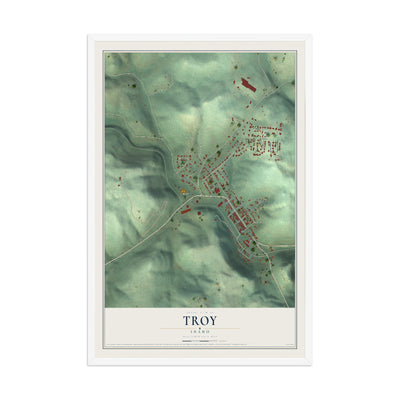 Map of Troy, Idaho, 12 x 18 inch print in a white wood frame