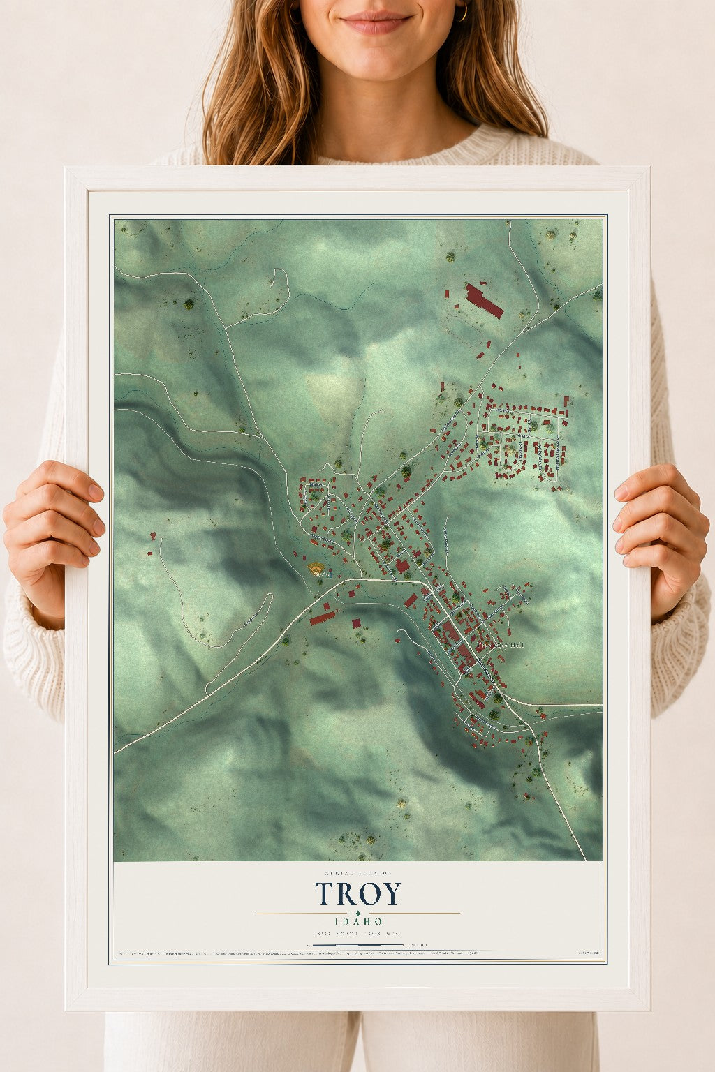 Map of Troy, Idaho, 18 x 24 inch print in a white wood frame