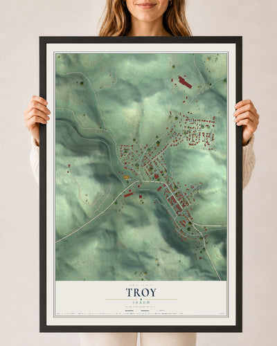 Map of Troy, Idaho, 24 x 36 inch print in a black wood frame