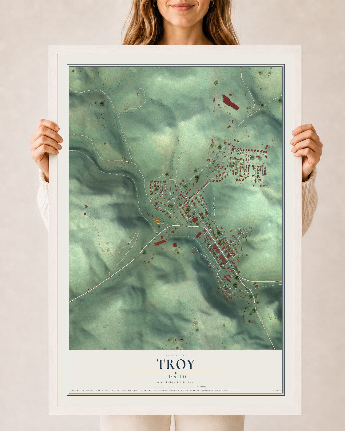 Map of Troy, Idaho, 24 x 36 inch print in a white wood frame