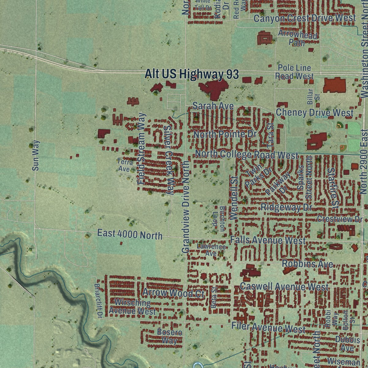 Second close-up of the map of Twin Falls, Idaho print showing more streets and buildings